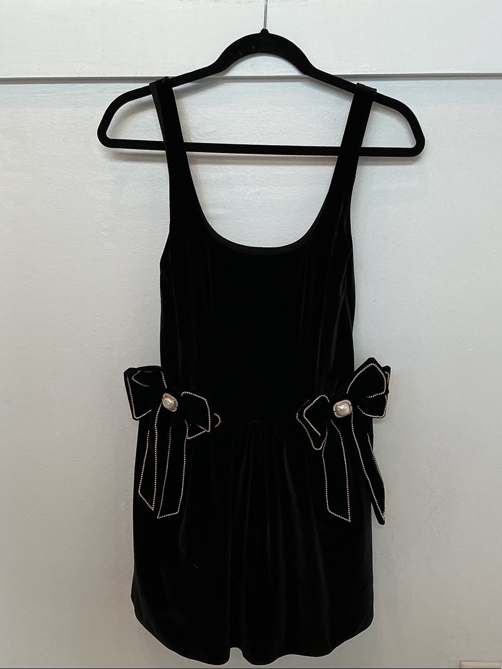 Show Me Your MuMu Black Velvet Bow Dress with Pearl Centers